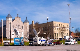Mainstream media satellite trucks counting the minutes in 2005 awaiting Eric Rudolph to appear at the Federal Courthouse in downtown Huntsville.