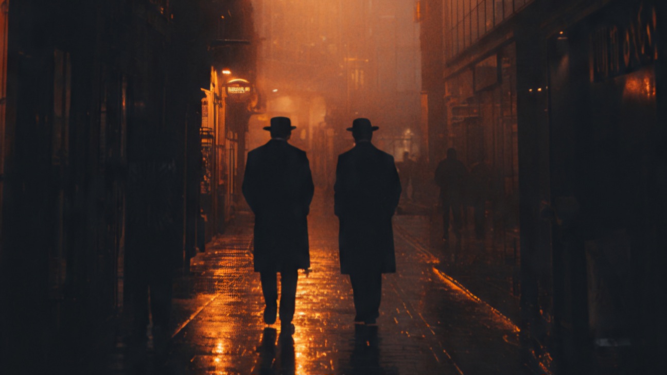 Shady Deep State characters walking down an unknown city street - (AI) Jim Porter Casey