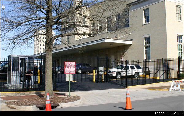 Federal marshals and security guards are also in place all day long. This view shows the entire fenced area in back of the court house. The gate remains closed until needed.